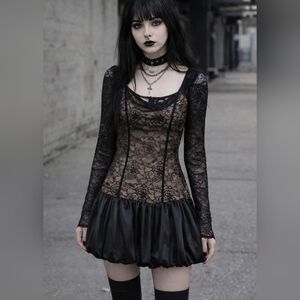 NWT Black Lace Bubble Hem Mini Dress Fairy Goth Grunge Whimsigoth Emo Size 4
